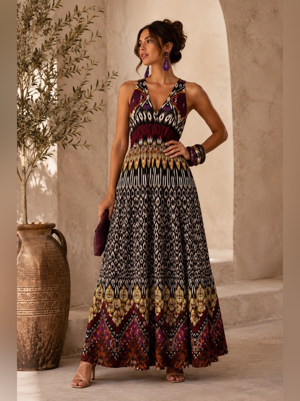 NWOT Paul KC Open back  wood ring detail Ikat Maxi Dress in multi color Size L